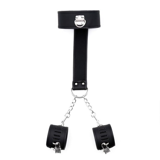 Intoyou Black Shadow Collar with Handcuffs Set Vegan Leather