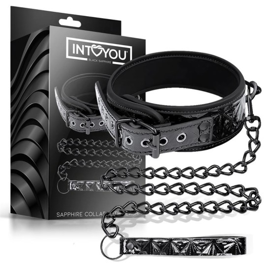 Black Sapphire Collar with Leash Sapphire Vegan Leather