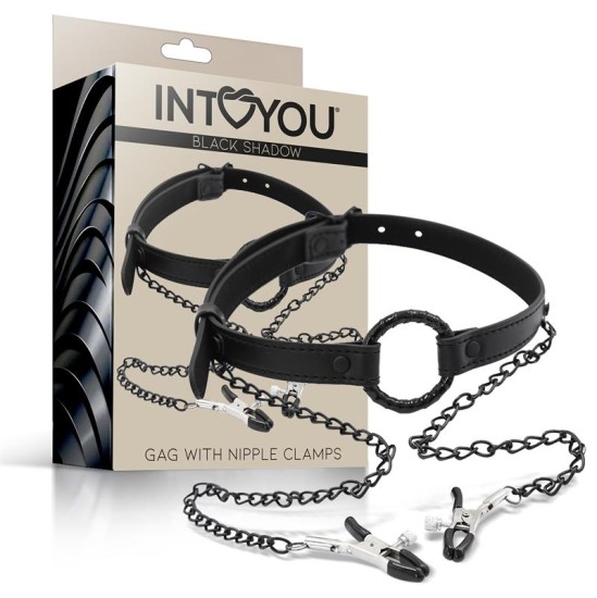 Intoyou Black Shadow Кляп с уплотнительным кольцом и зажимы для сосков из веганской кожи