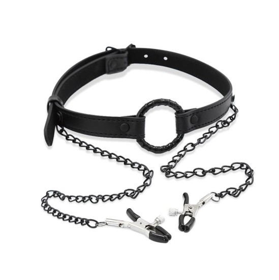 Intoyou Black Shadow O Ring Gag ja Nipple Clamps Vegan Leather