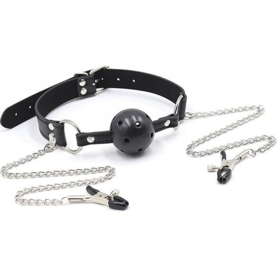 Ohmama Fetish BALL GAG WITH VENTS AND NIPPLE CLAMPS