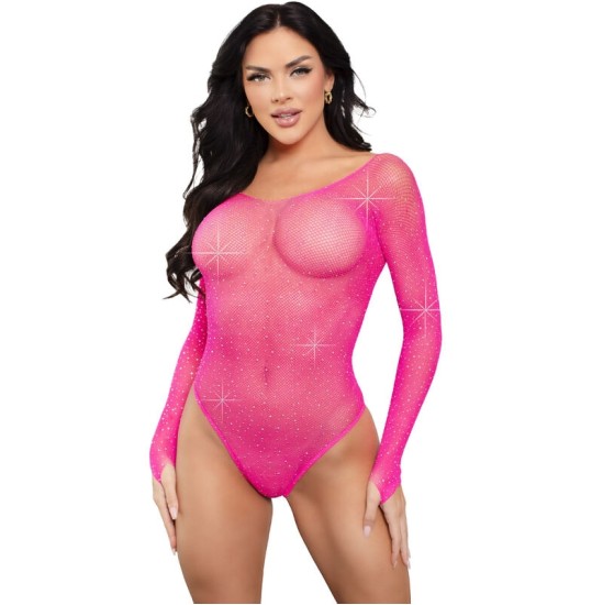 Leg Avenue Teddies LEG AVENUE — KRISTALIZĒTS BODYSUIT AR GARĀM PIEKĀRŅĀM FUCHSIA