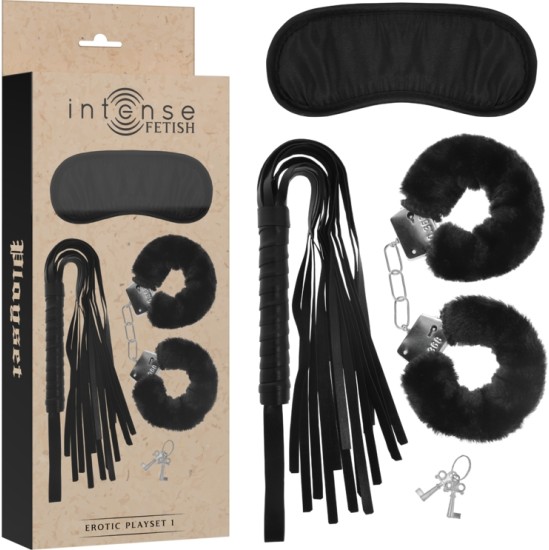 Intense Fetish EROTIC PLAYSET 1 WITH HANDCUFFS, BLIND MASK AND FLOGGER