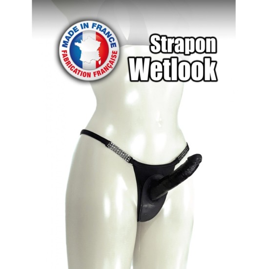 Réel BLACK WETLOOK STRAP-ON THONG