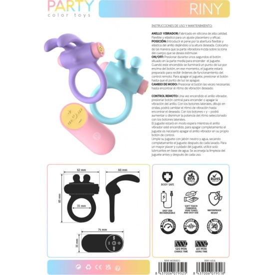 Party Color Toys RINY VIBRĒJOŠS GREDZENS AR CERINĀM SILIKONA USB KONTROLIERI