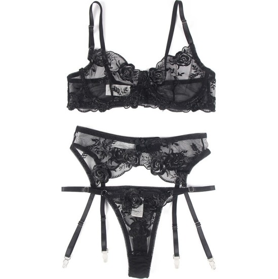 Subblime Sets SUBBLIME — 3 DAĻU KRUTTĪVS + SIKSNIŅA + PRIEKŠVETES ZIEDU APRAKSTS, MELNS L/XL