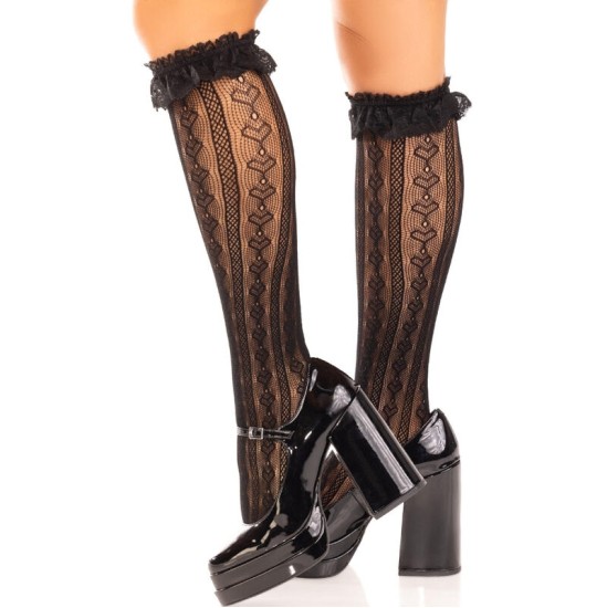 Leg Avenue Hosiery LEG AVENUE - MELNAS ZEĶES LĪDZ CEĻIEM AR volāniem