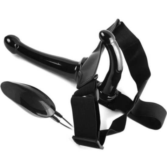 Vscnovelty BLACK MAGIC DOUBLE STRAP-ON HARNESS W/ VIBRATION 17'8 CM BLACK