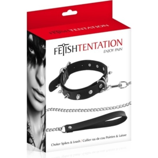 Fetish Tentation ADJUSTABLE BLACK COLLAR WITH RING, SPIKES AND STRAP