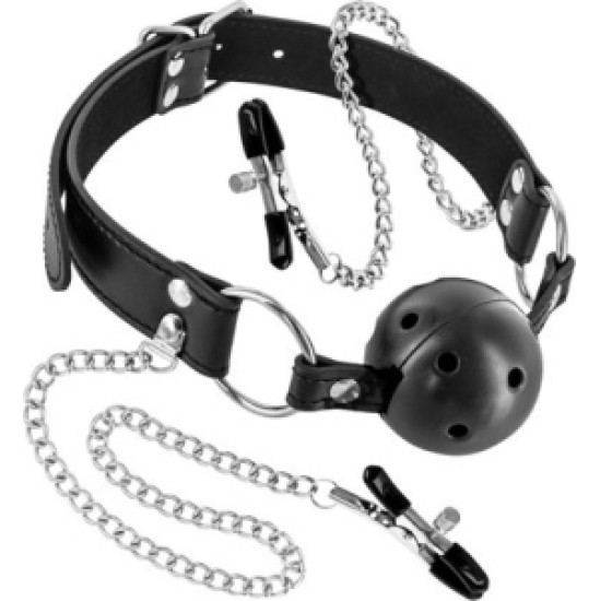 Fetish Tentation BREATHABLE BALL GAUG W/ NIPPLE CLAMPS