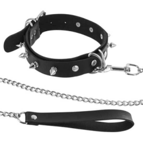 Fetish Tentation ADJUSTABLE BLACK COLLAR WITH RING, SPIKES AND STRAP