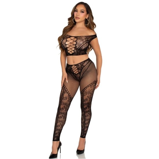 Leg Avenue Sets LEG AVENUE - CROP TOP AND FISHNET LEGGING WITH BARE SHOULDERS BLACK