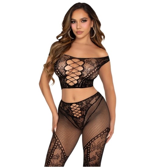 Leg Avenue Sets LEG AVENUE - CROP TOP AND FISHNET LEGGING WITH BARE SHOULDERS BLACK