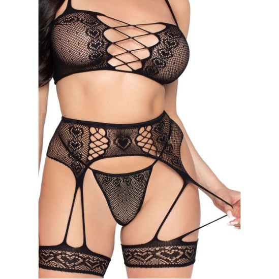 Leg Avenue Sets LEG AVENUE - 89359 TOP + THONG + GARTER BELT SET BLACK - ONE SIZE