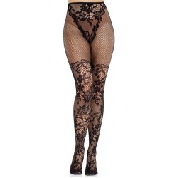 Leg Avenue Hosiery LEG AVENUE - DAHLIA LACE STOCKINGS WITH NET DETAIL BLACK