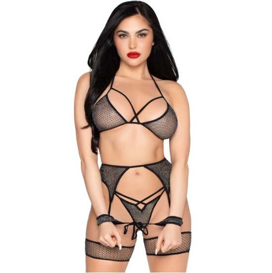 Leg Avenue Sets LEG AVENUE - 89362 TOP + THONG+ GARTER BELT + HANDCUFFS SET BLACK - ONE SIZE