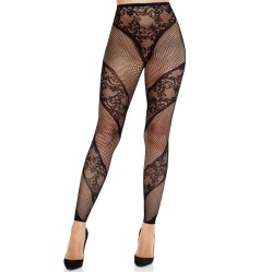 Leg Avenue Hosiery LEG AVENUE - LACE AND SHEER FOOTLESS TIGHTS BLACK