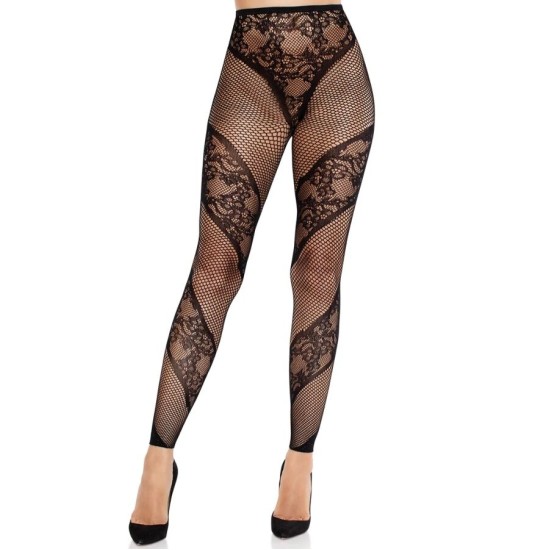 Leg Avenue Hosiery LEG AVENUE - LACE AND SHEER FOOTLESS TIGHTS BLACK