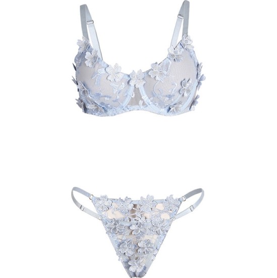 Subblime Sets SUBBLIME - 957629 FLOWER EMBROIDERED BRA AND PANTIES SET SKY BLUE S/M