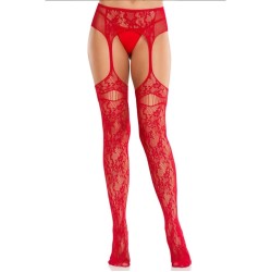Leg Avenue Hosiery LEG AVENUE - LACE STOCKINGS WITH GARTERS RED