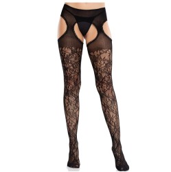 Leg Avenue Hosiery LEG AVENUE - FLORAL LACE STOCKINGS WITH GARTERS UNITED BLACK