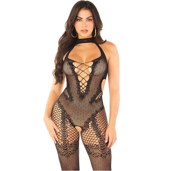 Leg Avenue Bodystockings LEG AVENUE — FLOWER PRINT MESH BODYSTOCKING, MELNS, VIENS IZMĒRS