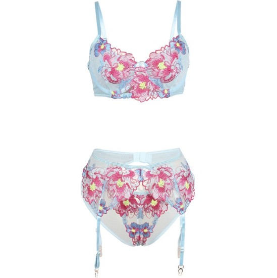 Subblime Sets SUBBLIME - 957650 FLOWER EMBROIDERED BRA AND GARTER BELT SET PINK L/XL