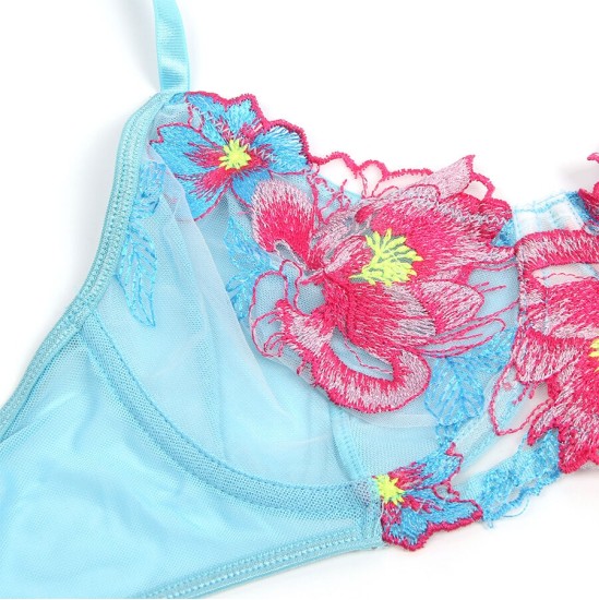 Subblime Sets SUBBLIME - 957650 FLOWER EMBROIDERED BRA AND GARTER BELT SET PINK L/XL