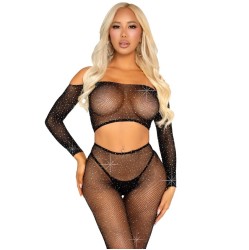 Leg Avenue Sets LEG AVENUE - CROP TOP AND FISHNET LEGGING WITH RHINESTONES BLACK