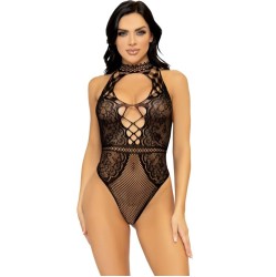 Leg Avenue Bodystockings LEG AVENUE - NET AND LACE KEYHOLE HALTER BODYSUIT ONE SIZE