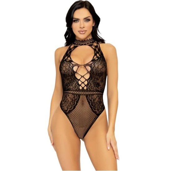Leg Avenue Bodystockings LEG AVENUE - NET AND LACE KEYHOLE HALTER BODYSUIT ONE SIZE